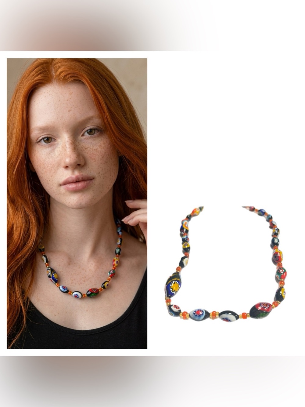 Vintage Venetian Millefiori Glass Bead Necklace - Multicolor 10”L